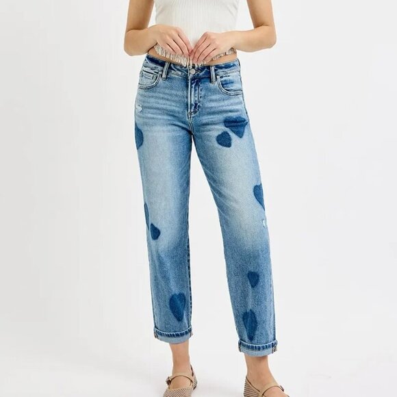 RISEN Full Size Mid Rise Fit-boyfriend Heart Shade Jeans Plus Size - Picture 1 of 7
